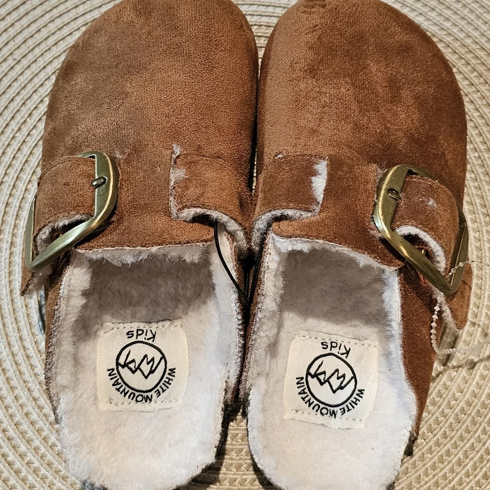 NWT White Mountain Kids Brown Suede Clogs with Gold Buckle